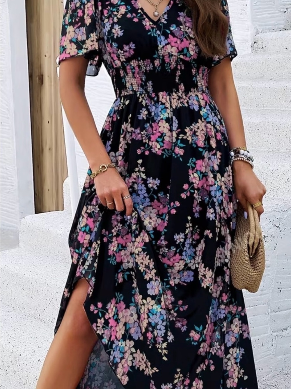 SHEIN Black Floral High-Low Maxi Dress